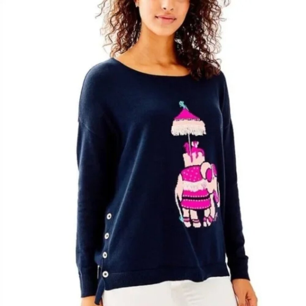 Lilly Pulitzer Navy Sweater with Pink Elephant Motif